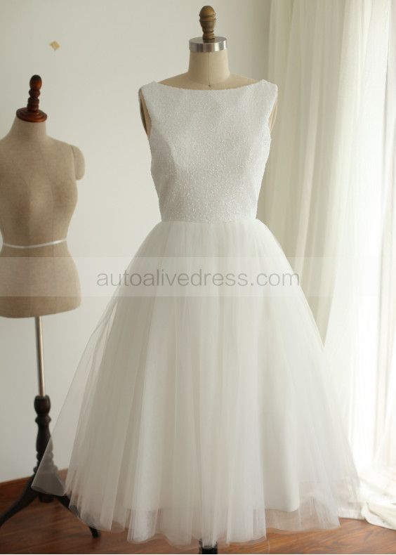Boat Neck Ivory Sequin Tulle V Back Simple Bridesmaid Dress